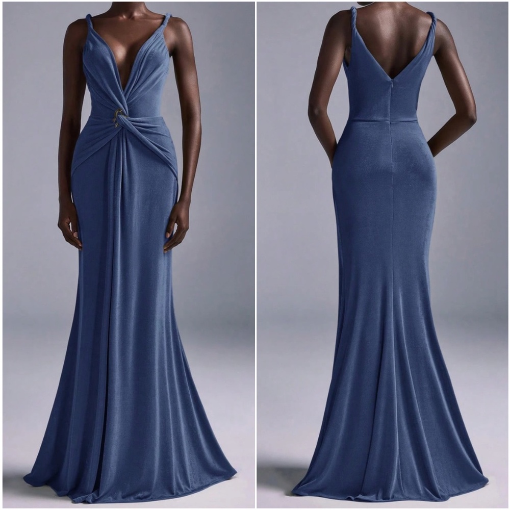 Solid Plunging Neck Twist Detail Party Evening Formal Wedding Dress - Picture 4 of 9
